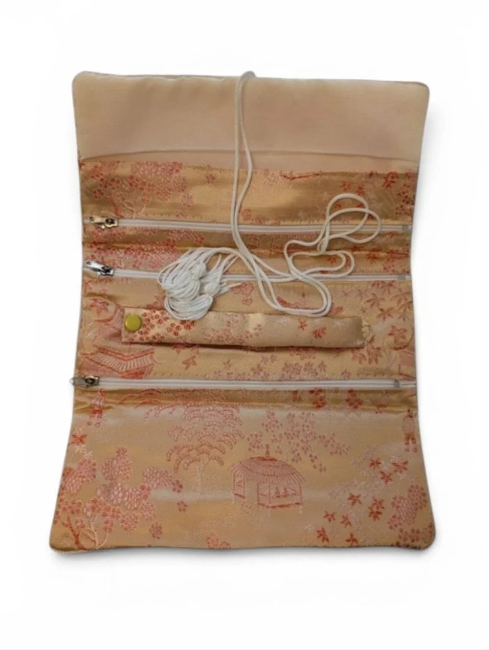 VINTAGE Jewelry Roll Travel Case Cream Coral Red Asian Satin